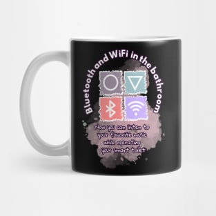 Bluetooth and wifi in the bathroom white letters with a purple border on a black background Mug